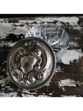 Vintage Crystal Vanity Jar With Silverplate Repoussé Lid and Shield Design